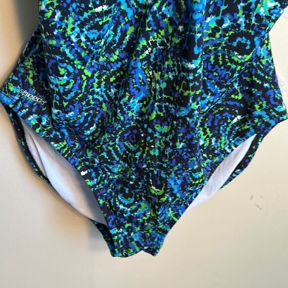 Speedo Women's Blue Multicolor Front Deep V Neck Open Back Swimsuit 18 - Picture 3 of 9